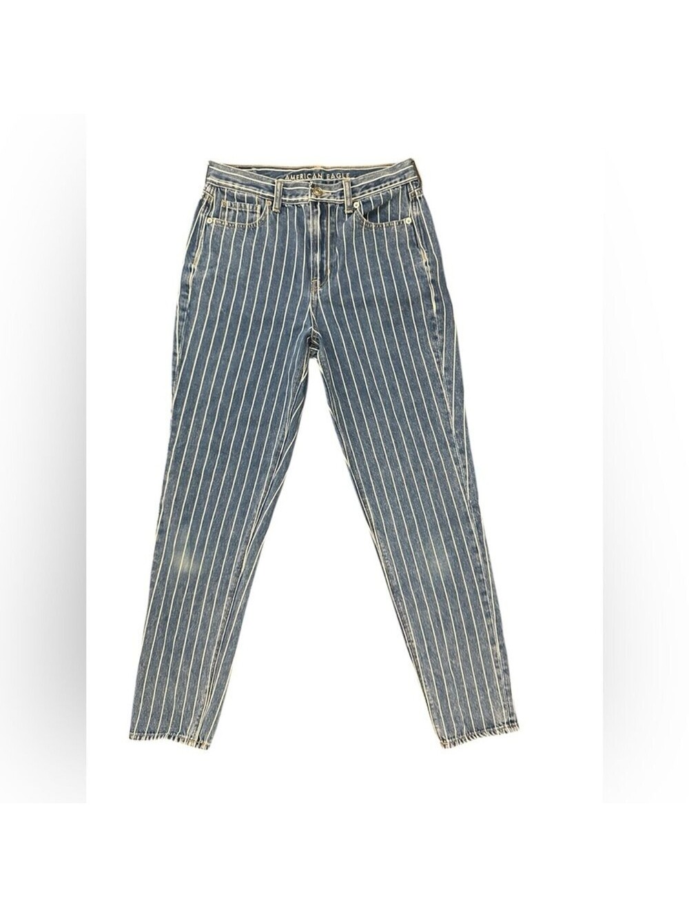 American Eagle Striped Mom Jeans Size 4 Long High Rise Blue White Coastal Denim